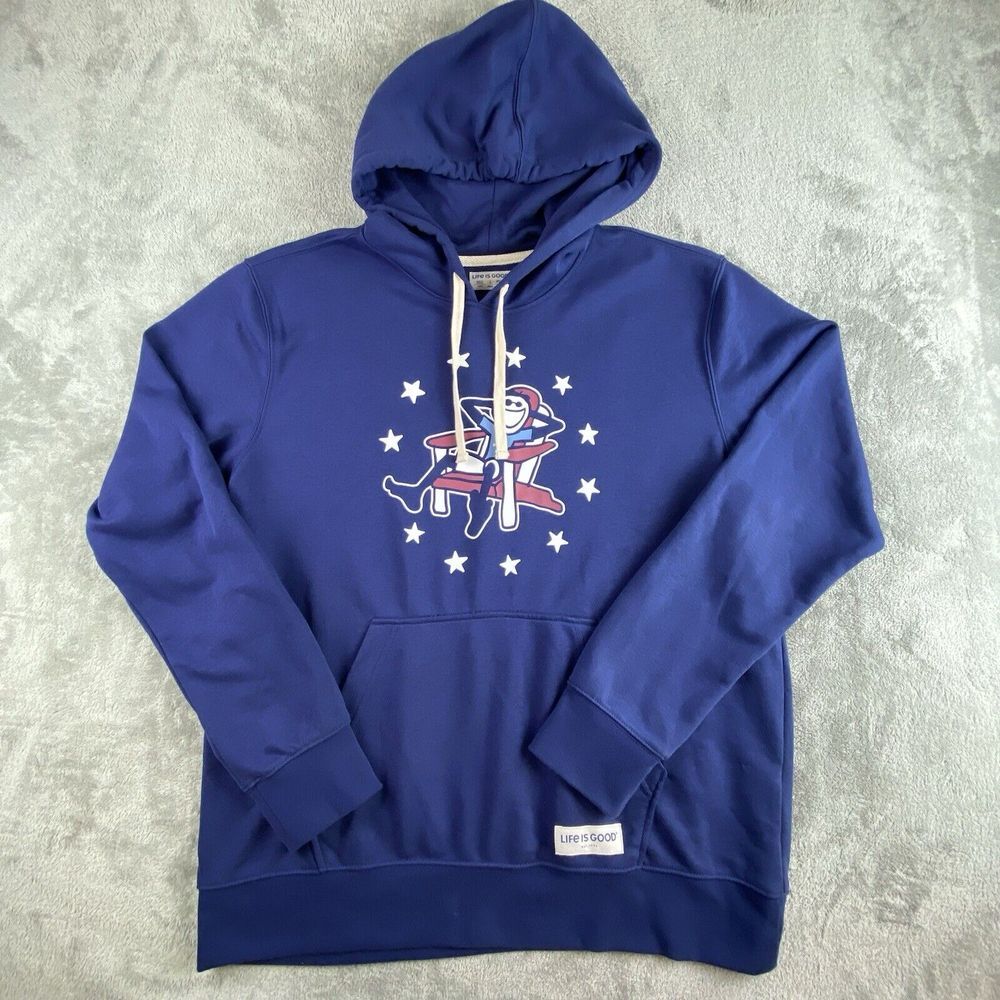 Life Is Good Sweatshirt Large Darkest Blue Jake Adirondack Stars Hooded Pullover